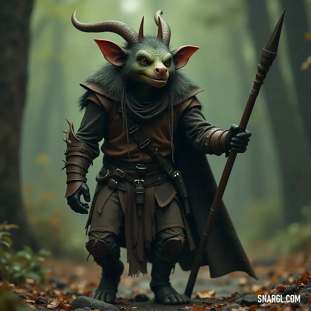 A mysterious Trikzar in a long coat, poised in a forest filled with fallen leaves and towering trees. A mysterious Trikzar with impressive horns and a flowing coat stands confidently in a leafy forest, leaning on a sturdy stick among the fallen leaves and towering trees.