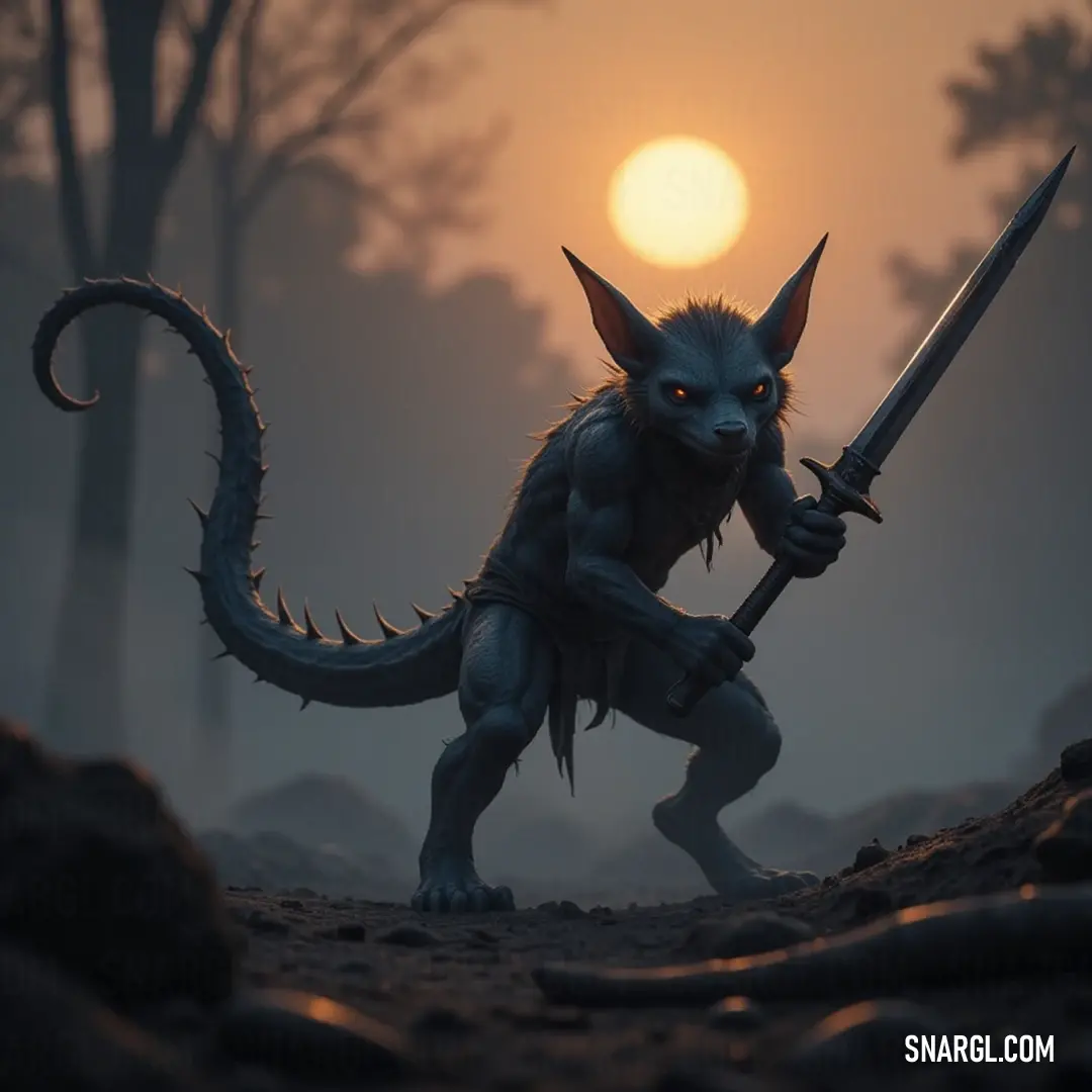 Valiant Trill in a Darkening Forest, Sword Raised High, Capturing the Splendor of Sunset as Shadows Embrace the Scene. A valiant Trill stands bold in a dark forest at sunset, wielding a gleaming sword that reflects the last rays of the setting sun, merging bravery with the enchantment of twilight shadows.