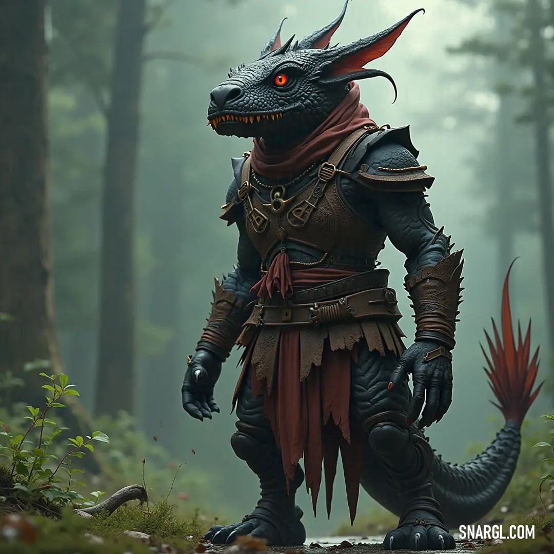 Dragon-like Trill, Bathed in Nature's Embrace, Sporting a Bold Red Scarf and Glimmering Eye Amidst Enchanted Woods. In a magical forest, a dragon-like Trill captivates with a striking red eye and a flamboyant red scarf, blending mystique and elegance as he stands amongst the vibrant foliage, ready for adventure.