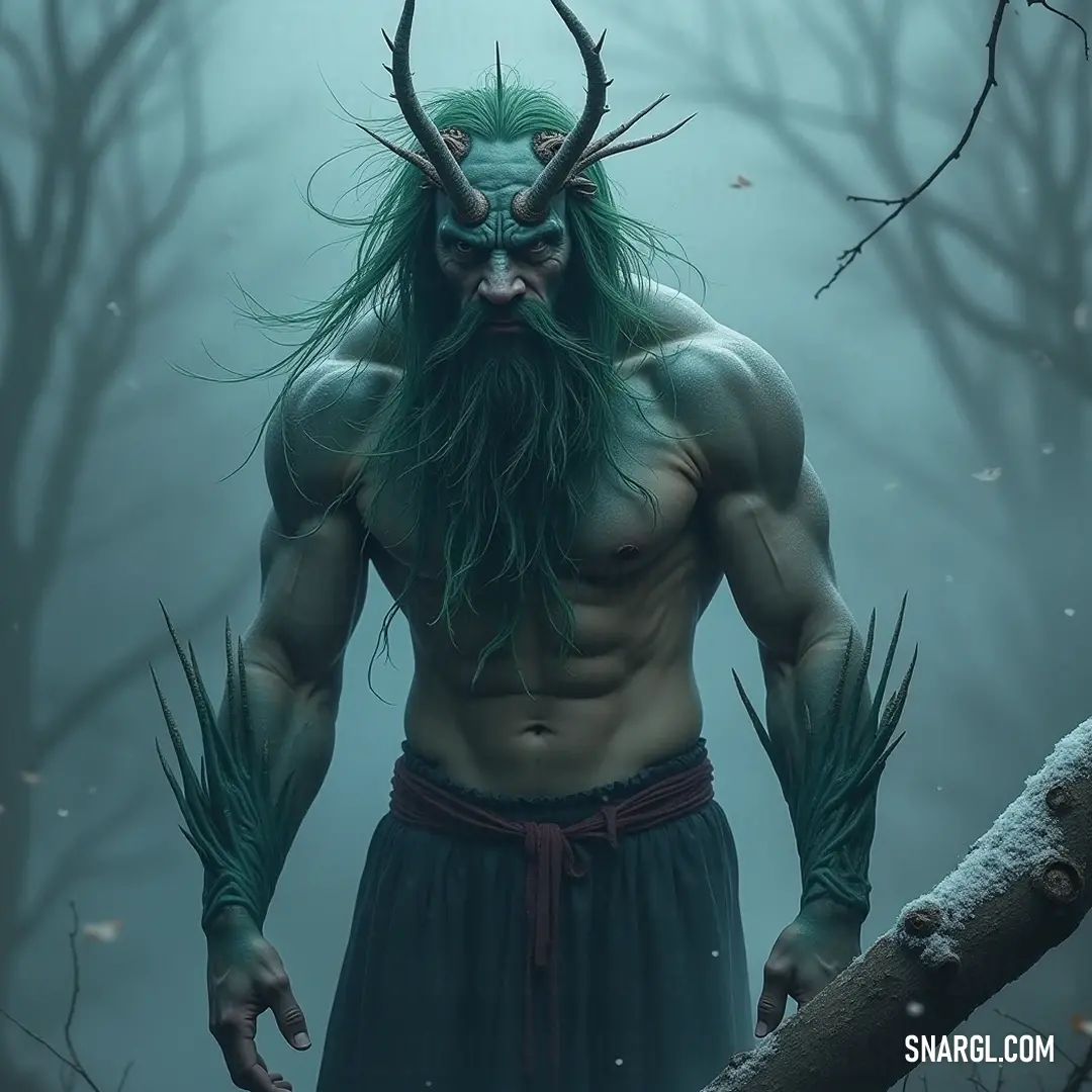 A regal Triton with grand horns and a majestic beard stands tall in an enchanting forest, where thick trees and sprawling branches weave a tapestry of legend and lore. A dignified Triton with impressive horns and a flowing beard stands proud amidst a vibrant forest, surrounded by towering trees and intertwining branches that tell tales of ancient myths.