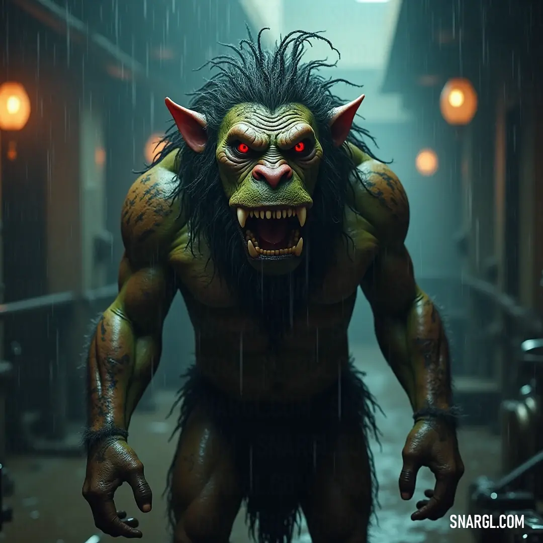 Bathed in rainfall, a Trog with fiery red eyes and flowing hair stands tall in a dimly lit hallway. The walls glisten with moisture while the soft glow of light enhances the intensity of its gaze, creating a striking contrast between darkness and ethereal
