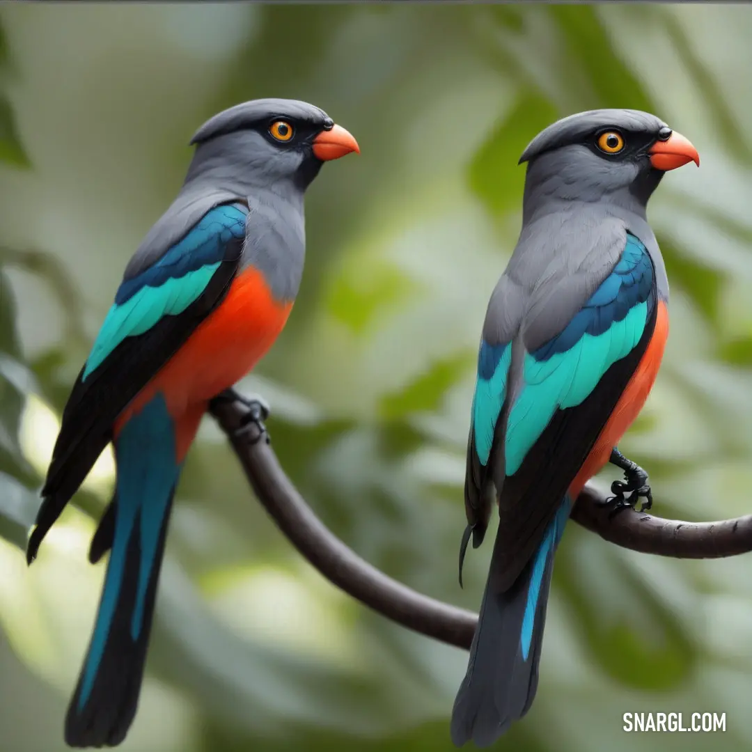 Two beautifully colored birds perched together on a tree branch, with lush green leaves surrounding them, creating a serene and peaceful forest atmosphere.