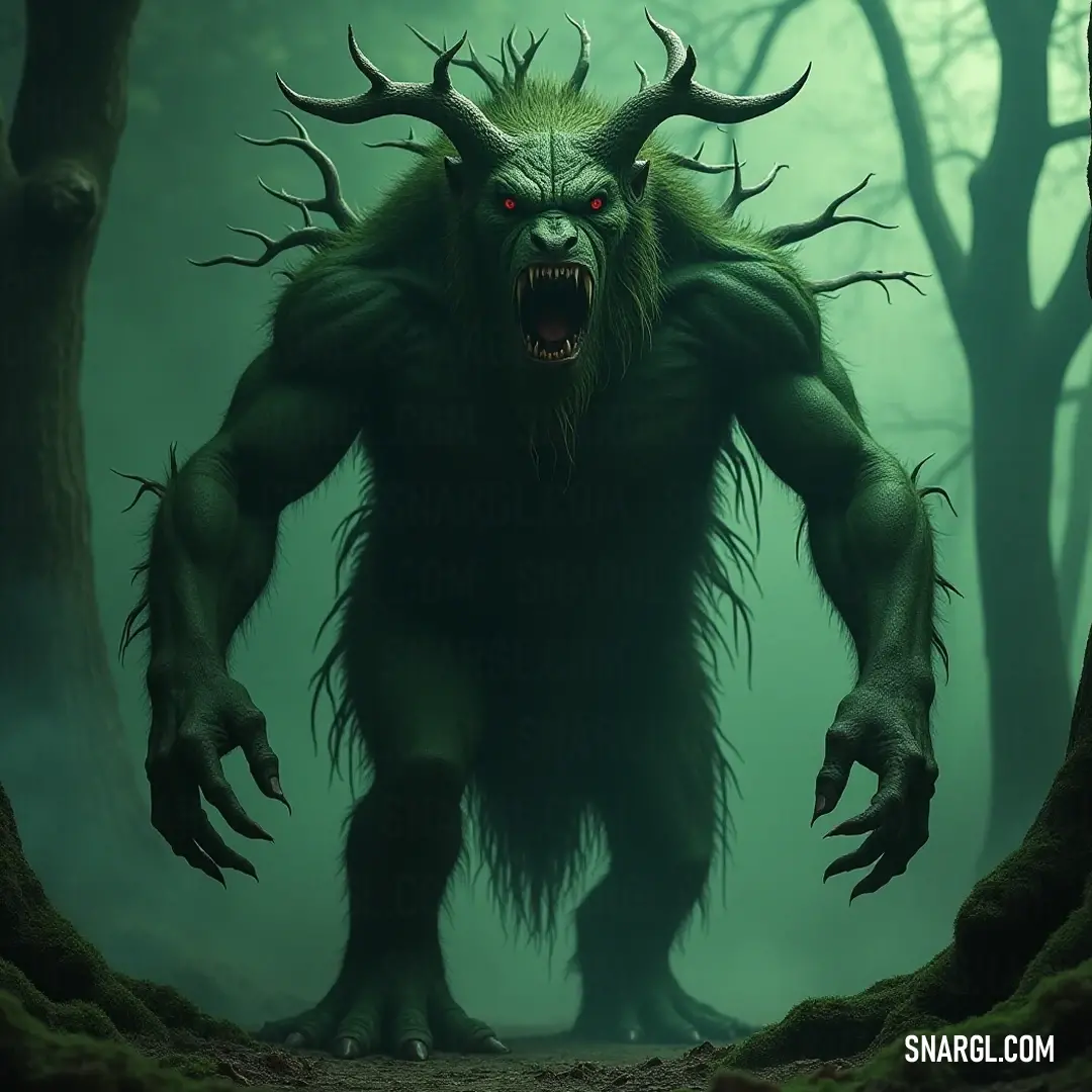 A colossal creature with fearsome horns prowls through a fog-laden forest, its huge teeth glinting ominously as shadows dance around its form. A ferocious monster with formidable horns and jagged teeth lurks in a misty forest, partially obscured by swirling fog and an ancient Troll Tree, creating an atmosphere of suspense and intrigue.