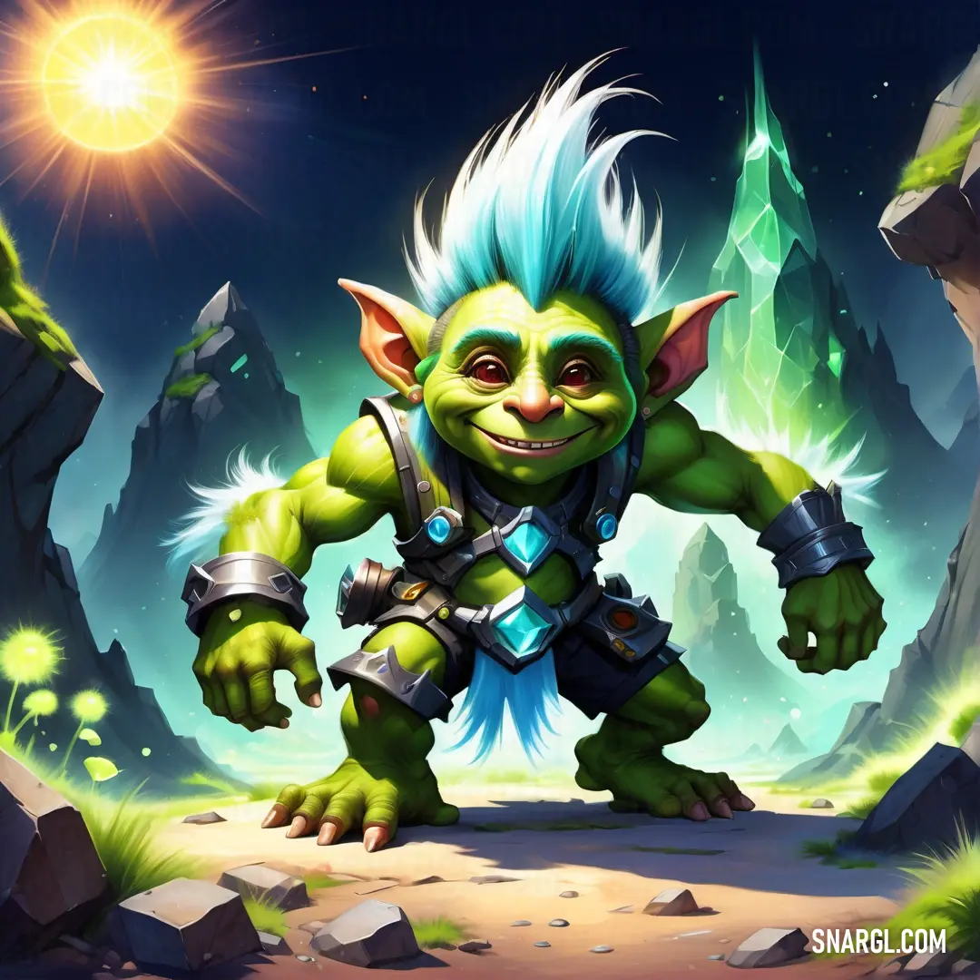 Troll with blue hair and a green outfit on a mountain with a bright sun in the background