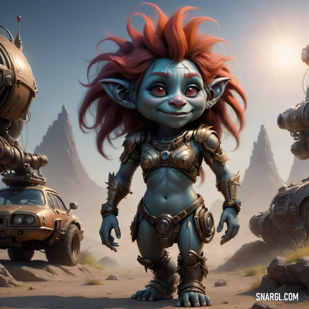 Cartoon character with red hair and a weird suit standing in front of a Troll and a car in a desert