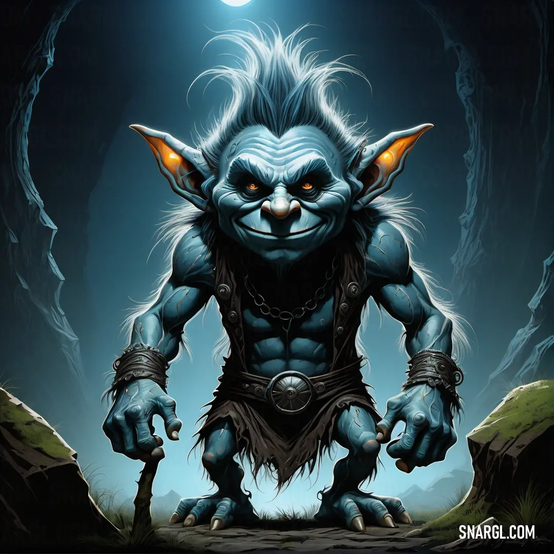 Cartoon character with a Troll like body and horns on his head