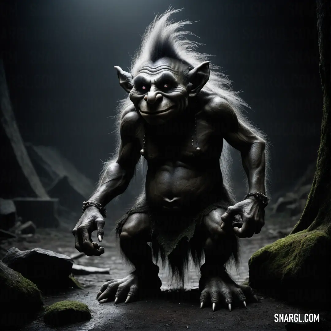Troll with a big head and a big nose on a rock in the dark with a light shining on it