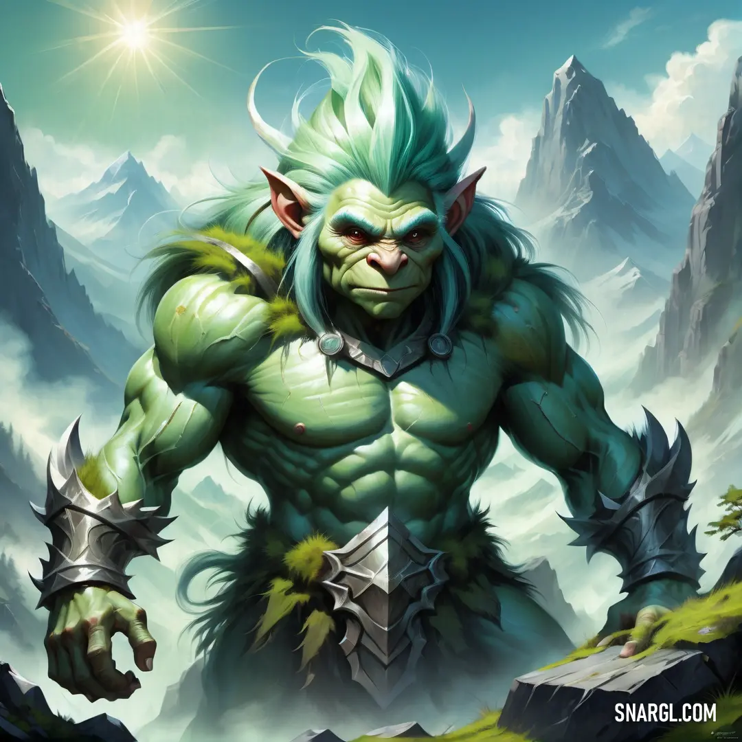 Green troll with horns and a sword in his hands