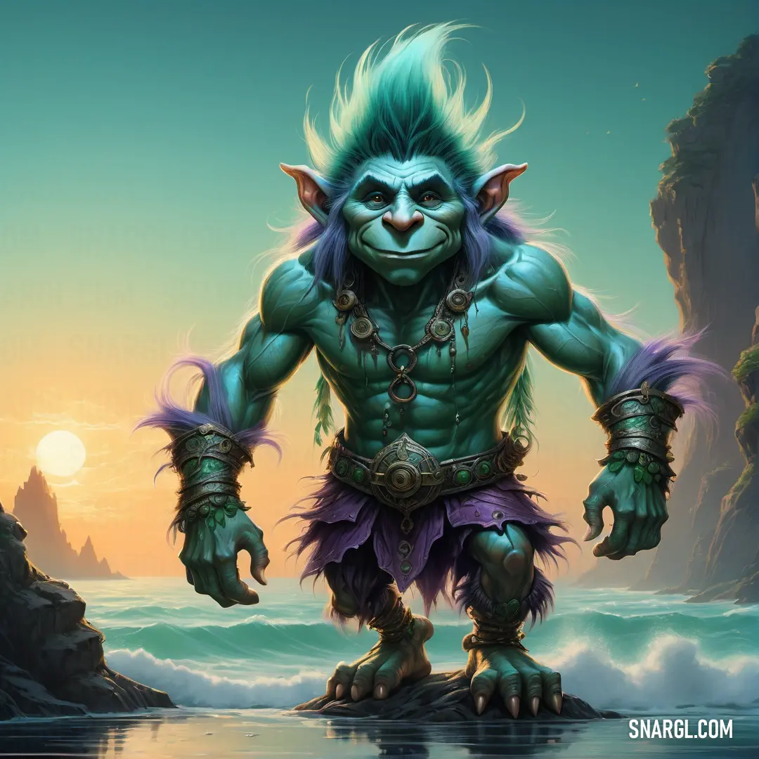 Painting of a troll standing on a rock in the ocean with a sunset in the background