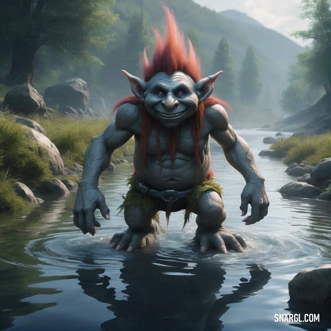 Troll is standing in a river with his head in the water