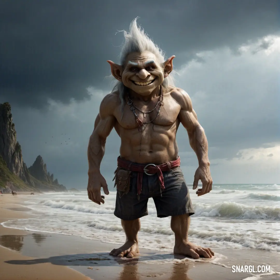 Troll standing on a beach next to the ocean with a cloudy sky behind it