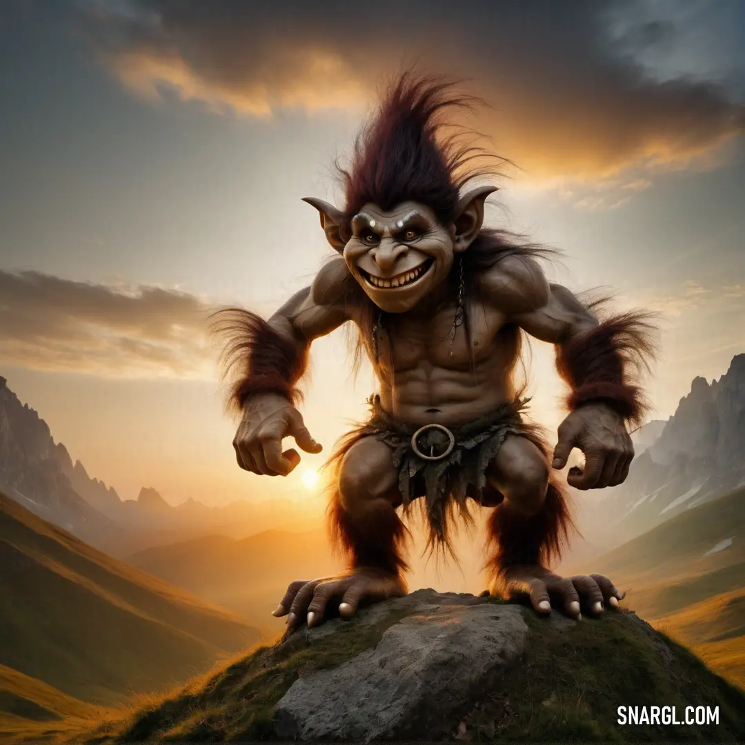 Troll standing on a rock in the middle of a mountain range at sunset