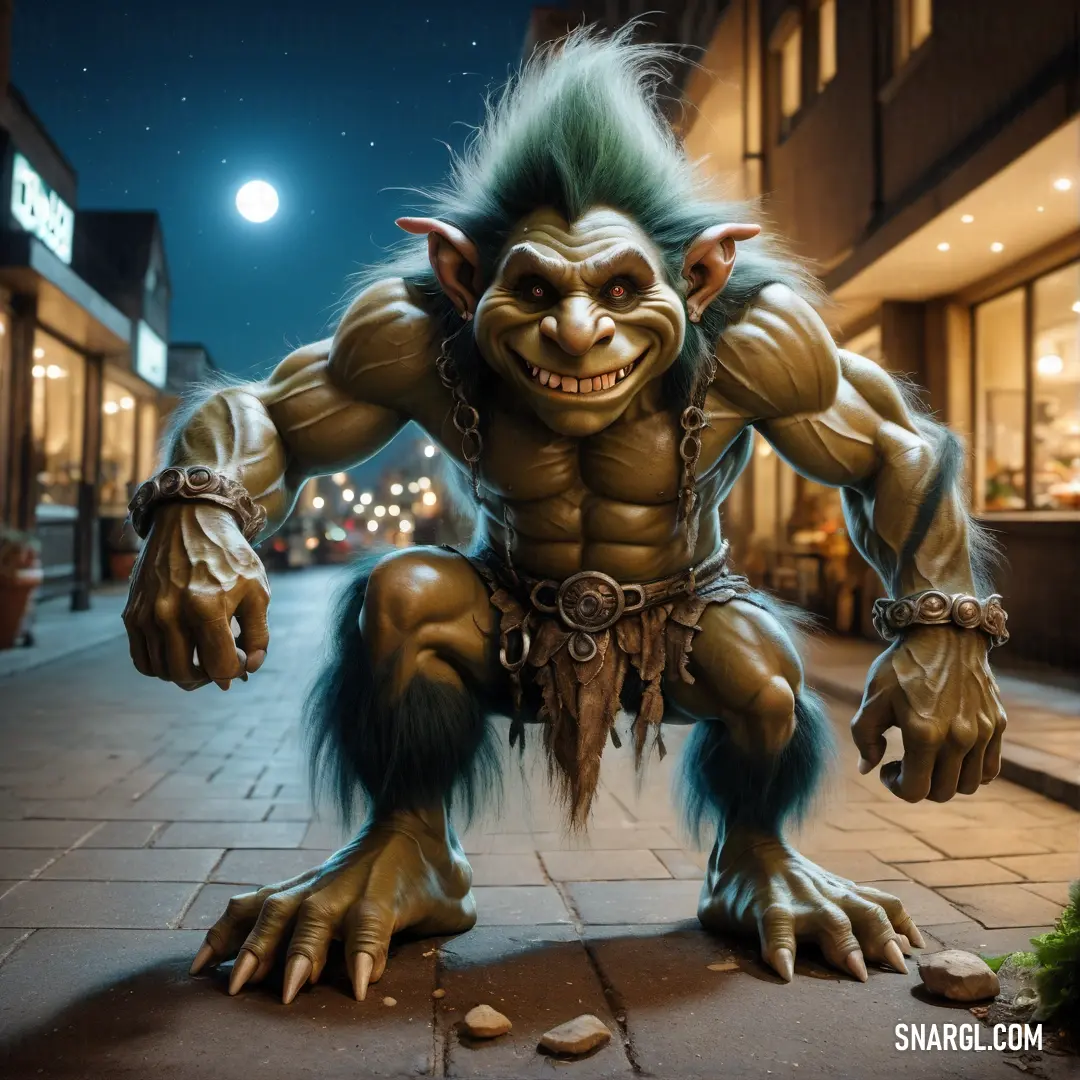 Troll statue is standing on a sidewalk in front of a store front at night with a full moon in the background