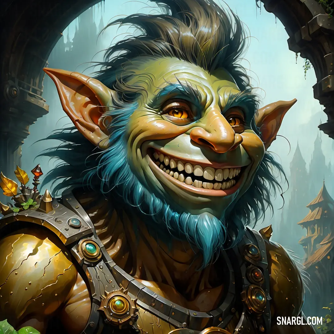 Troll with a blue beard and a green face and a blue beard and a green nose and a gold helmet
