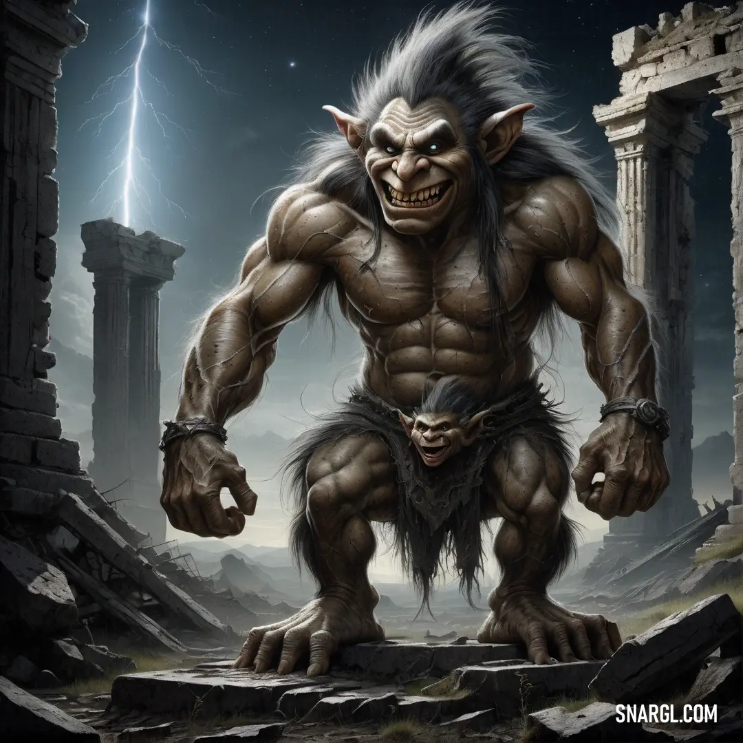 Troll with a Troll face and a lightning bolt in the background of a rocky landscape with ruins and columns