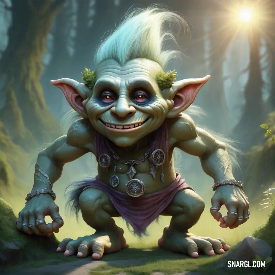 Troll with a green hair and a purple outfit is standing in the woods with his hands on his hips