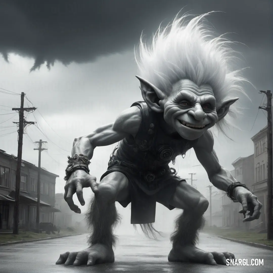 Troll with a large head and a large body of hair on a street with buildings in the background