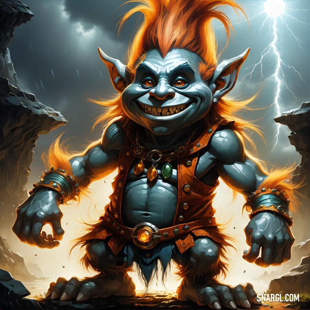 Troll with orange hair and a blue shirt on standing in a cave with lightning in the background