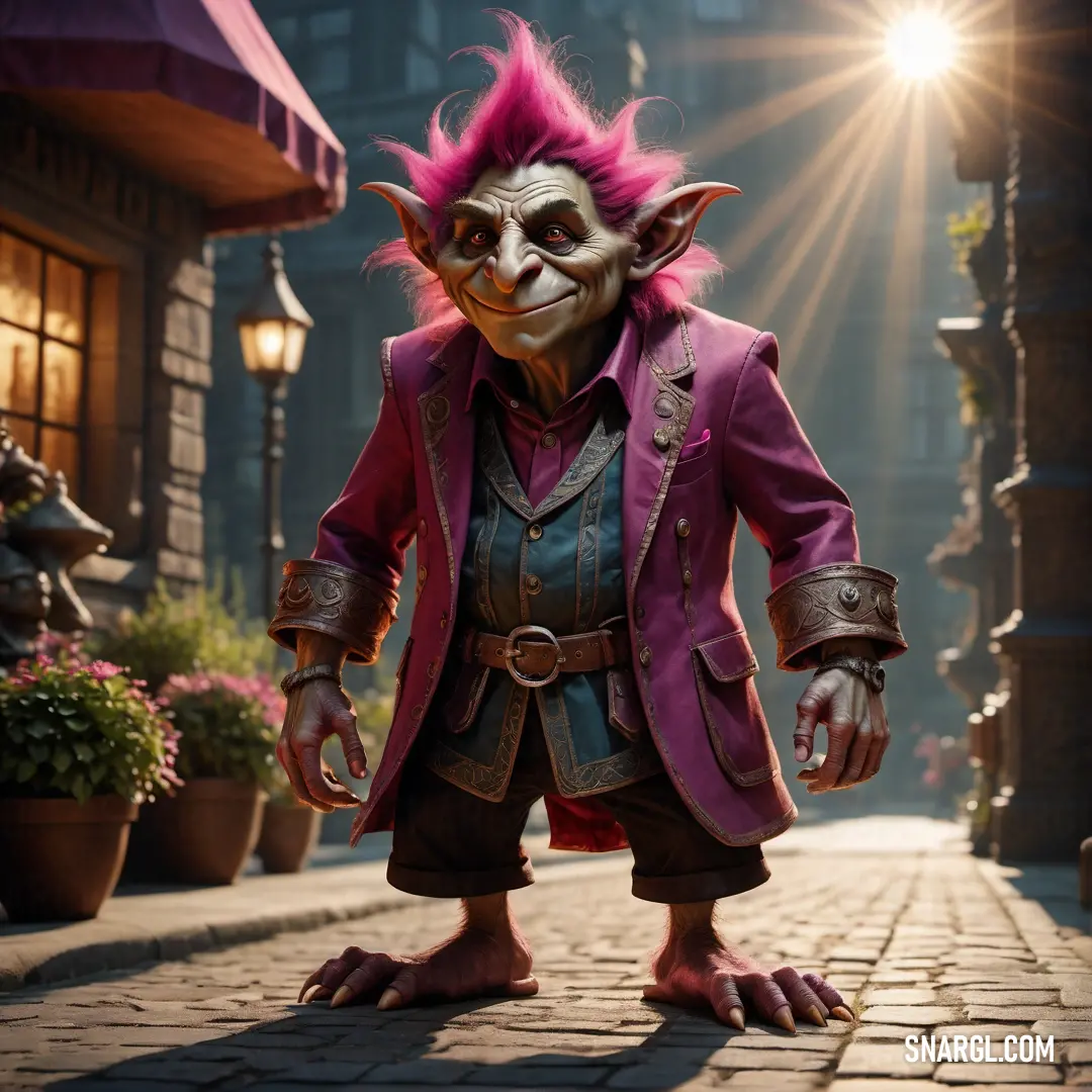 Troll with pink hair and a purple suit on a brick road with a light shining behind it and a potted plant