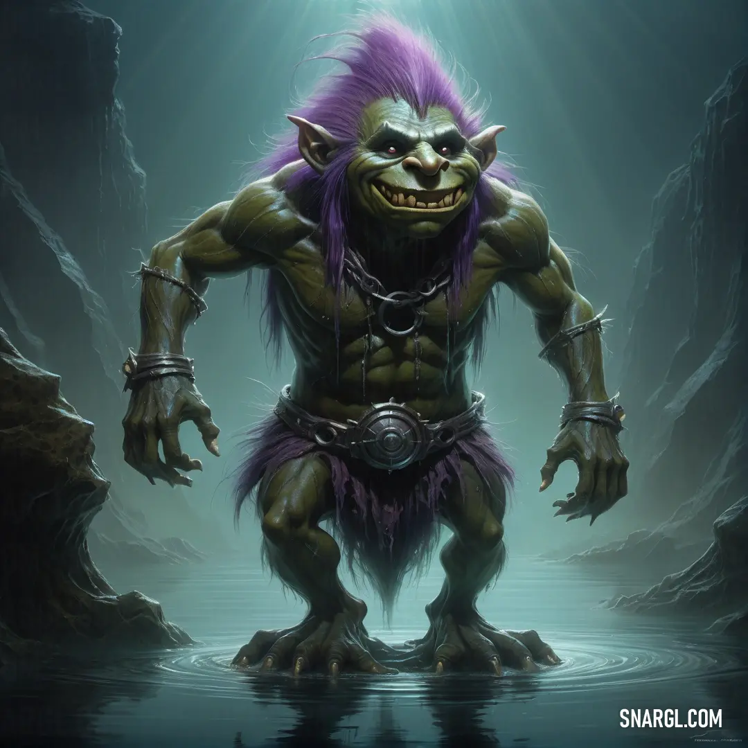 Troll with purple hair and a purple outfit standing in water with a light shining on him and his eyes closed