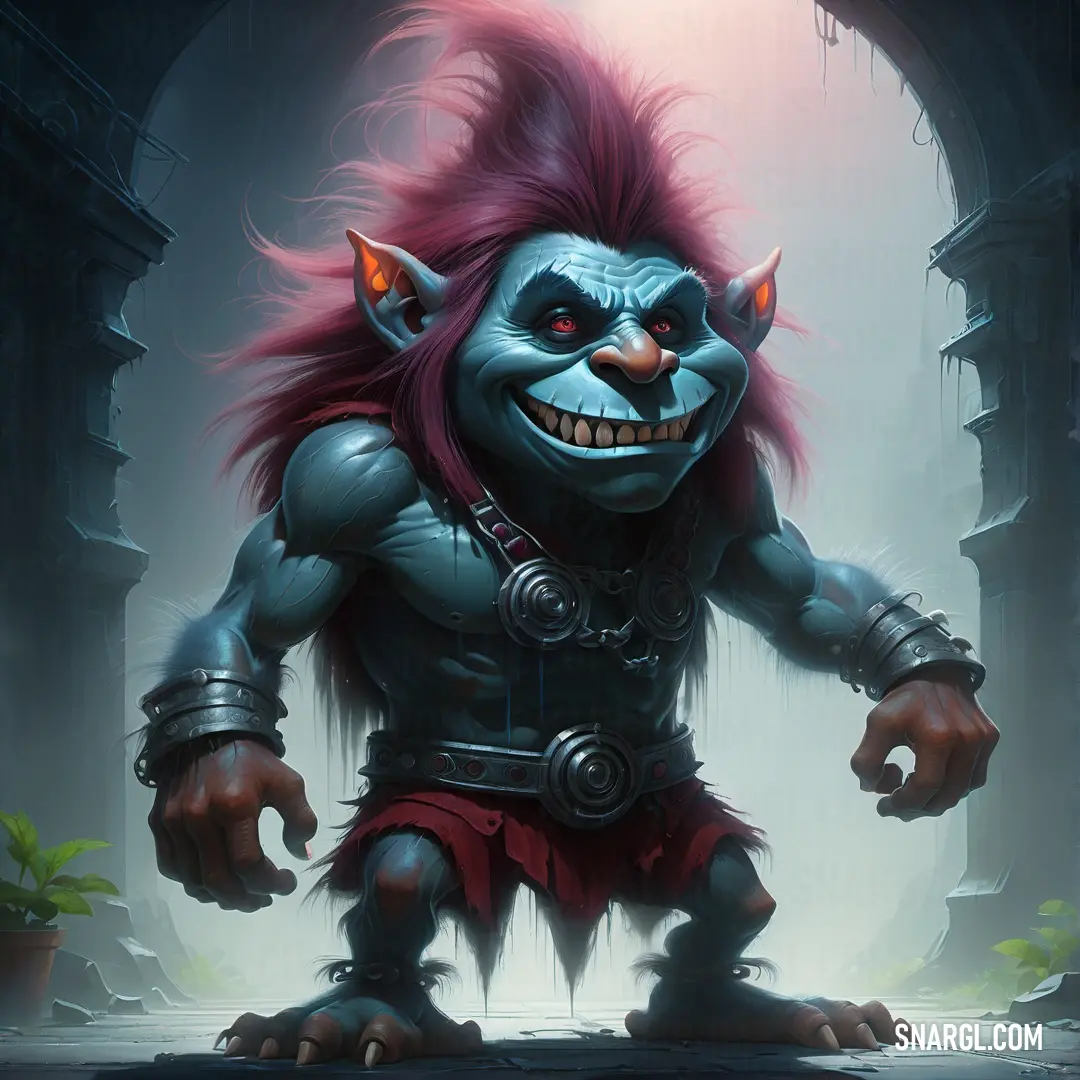 Troll with red hair and a demonish face is standing in a tunnel with a light shining on it