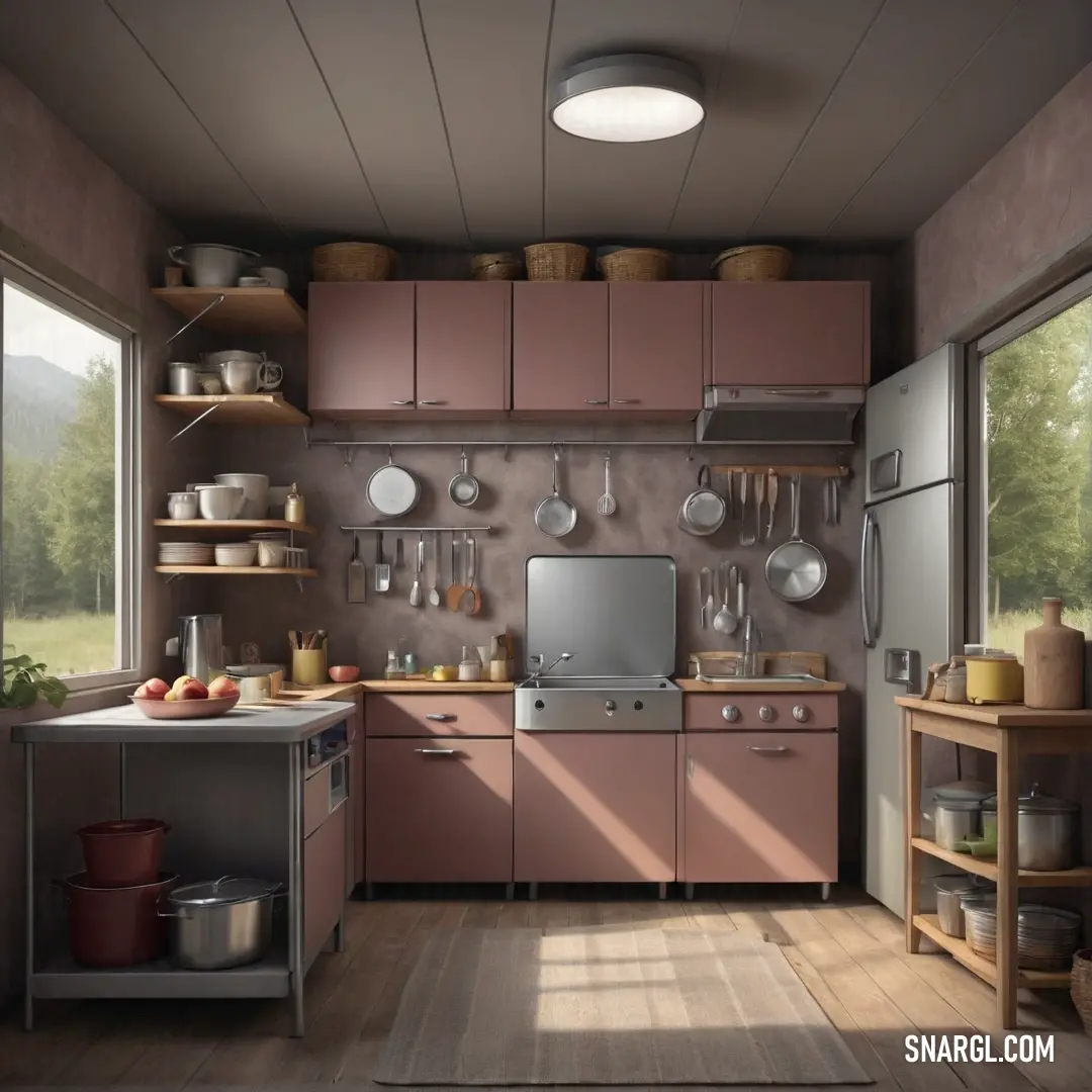 Kitchen with a stove, sink. Example of #808080 color.