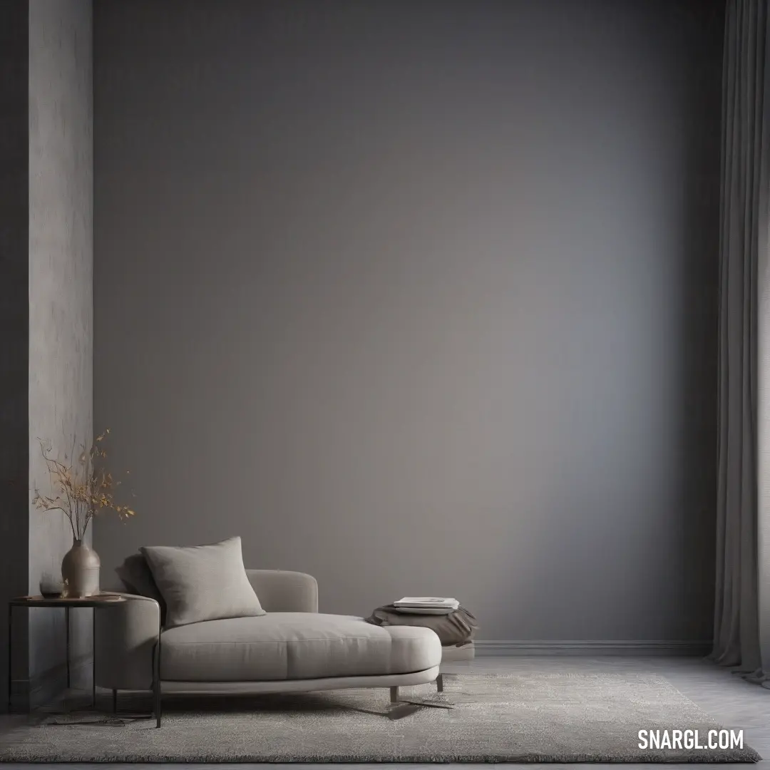 Living room with a couch and a table with a vase on it and a curtained window behind it. Color Trolley Grey.