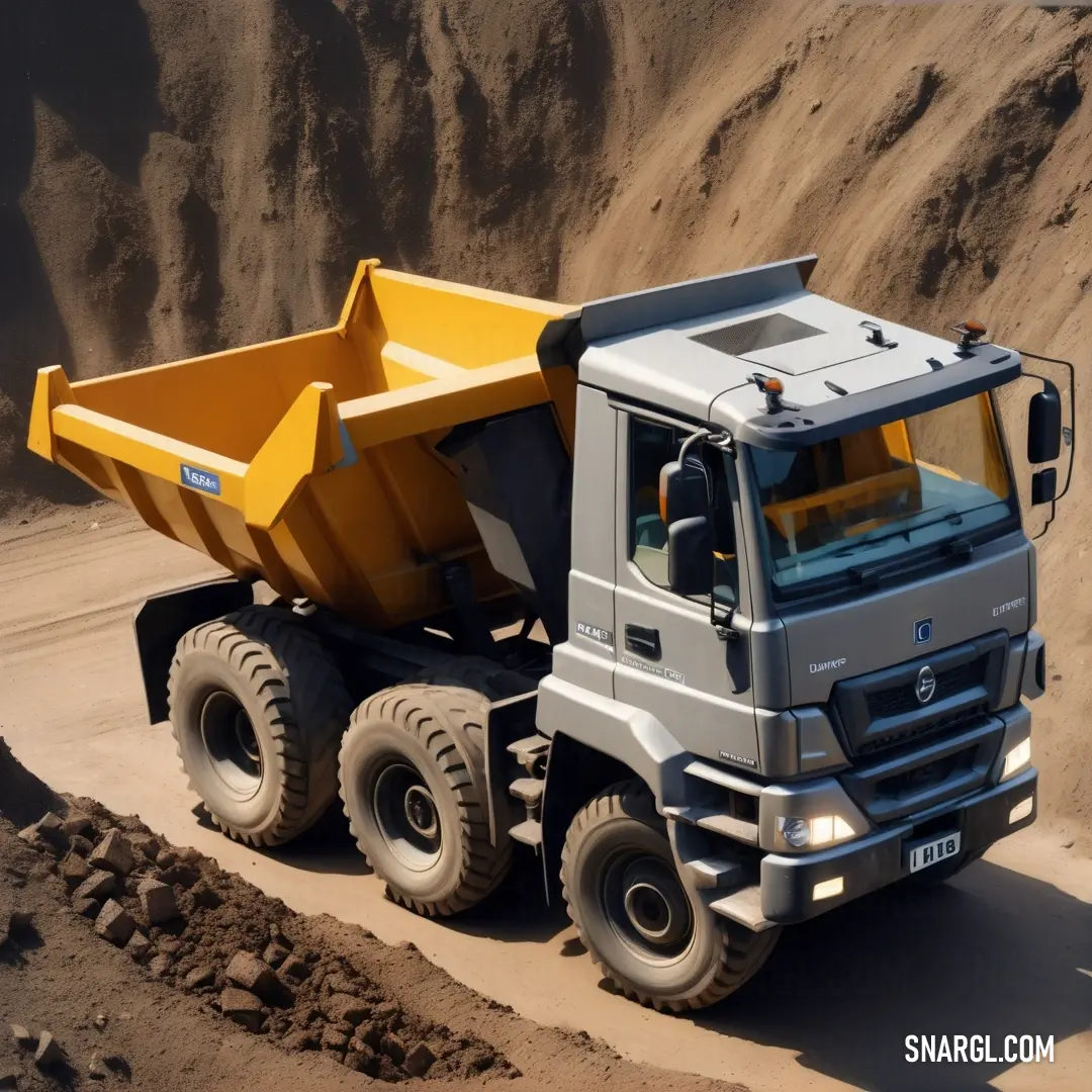 Dump truck driving down a dirt road next to a mountain side area with a large yellow dump truck. Example of Trolley Grey color.