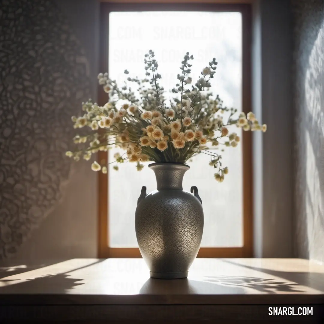 Trolley Grey color example: Vase with flowers on a table in front of a window with a shadow of a wall behind it