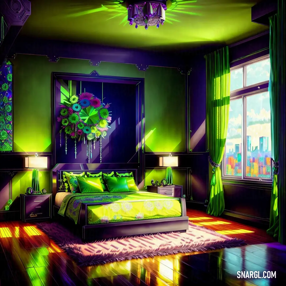 Bedroom with a green and purple theme and a chandelier hanging from the ceiling and a bed