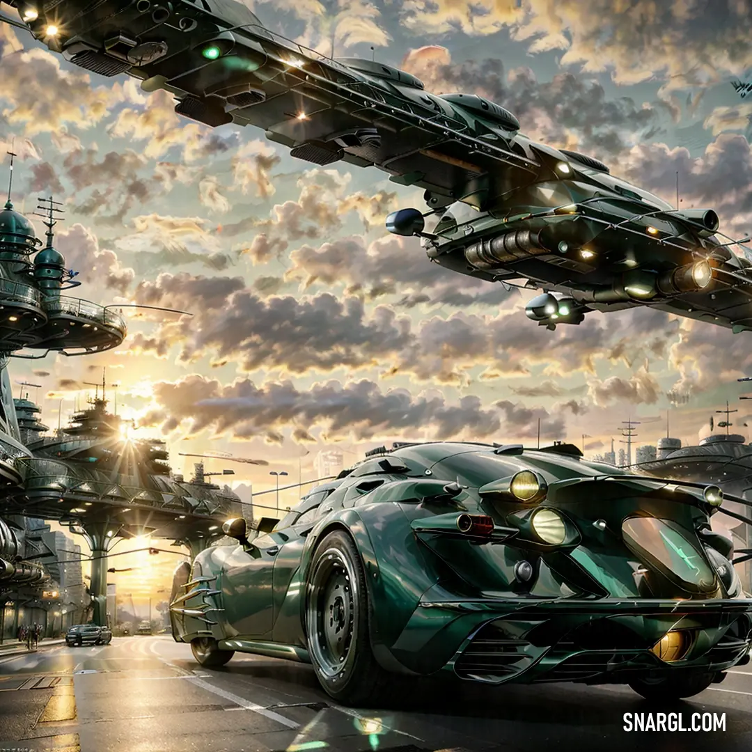 Futuristic car driving down a street next to a large ship in the sky with a lot of lights on