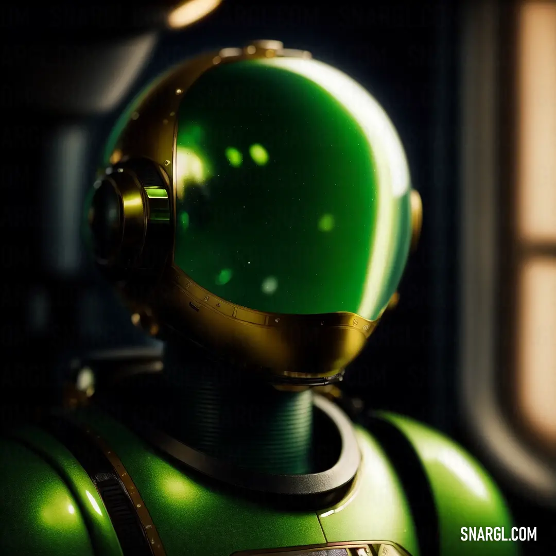 Green robot with a yellow helmet and a window in the background with a light shining on it's face