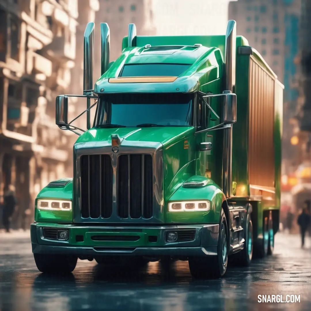 Green semi truck driving down a street next to tall buildings and a tall building with a clock on it. Example of CMYK 100,0,20,54 color.