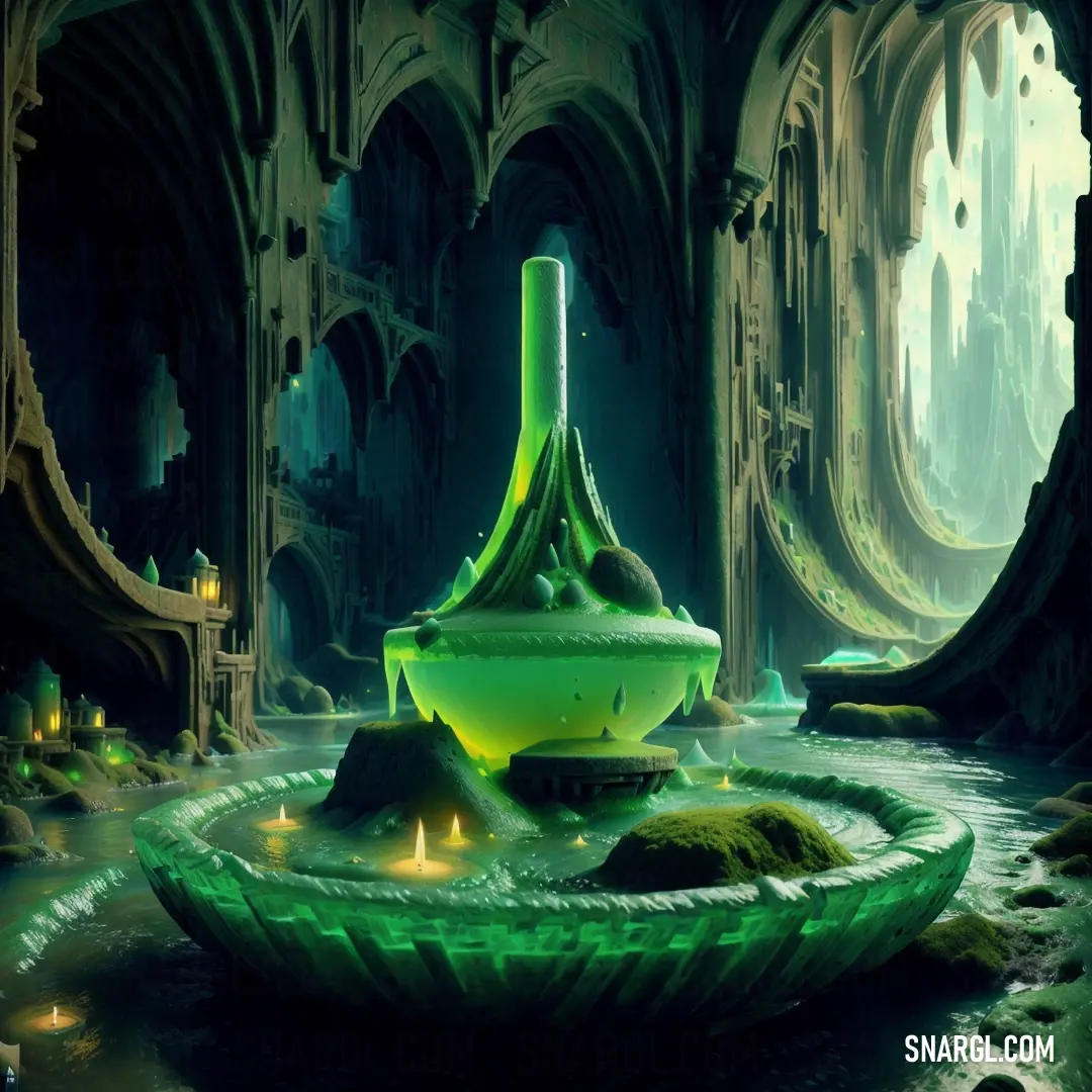 Green vase on top of a green bowl in a cave filled with water and rocks