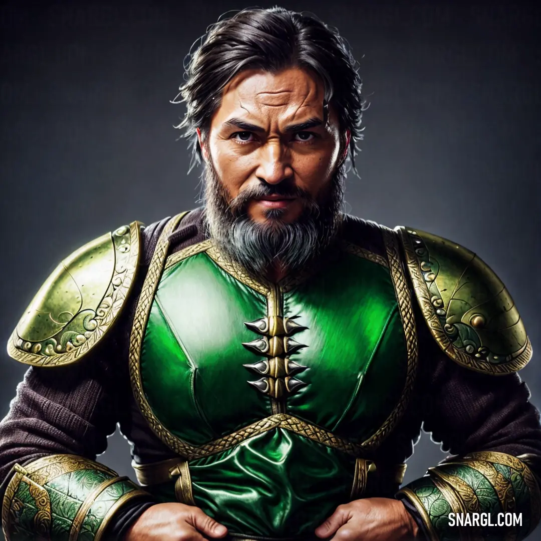 Man in a green armor with a beard and a beardlocke on his chest