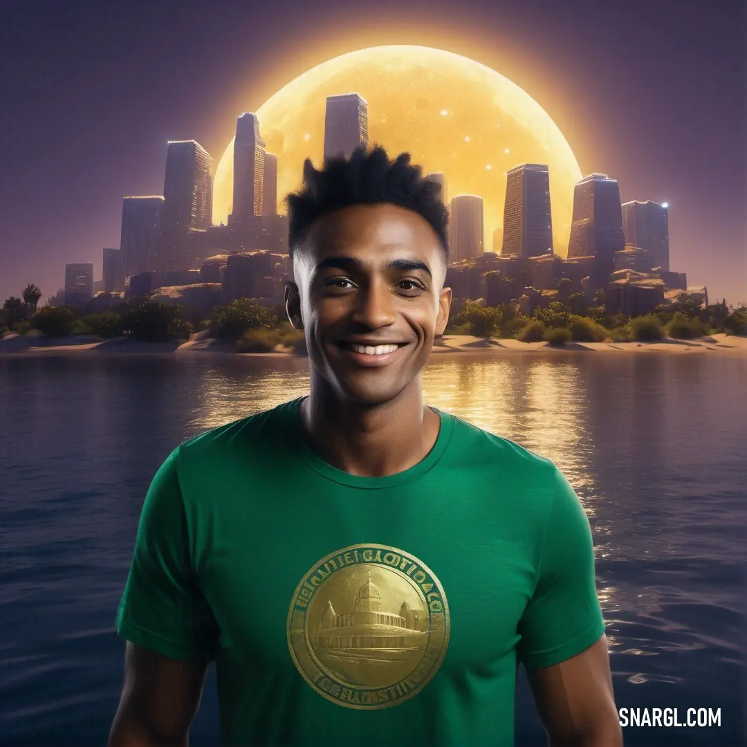 Man with dreadlocks standing in front of a city skyline with a full moon in the background. Color #00755E.