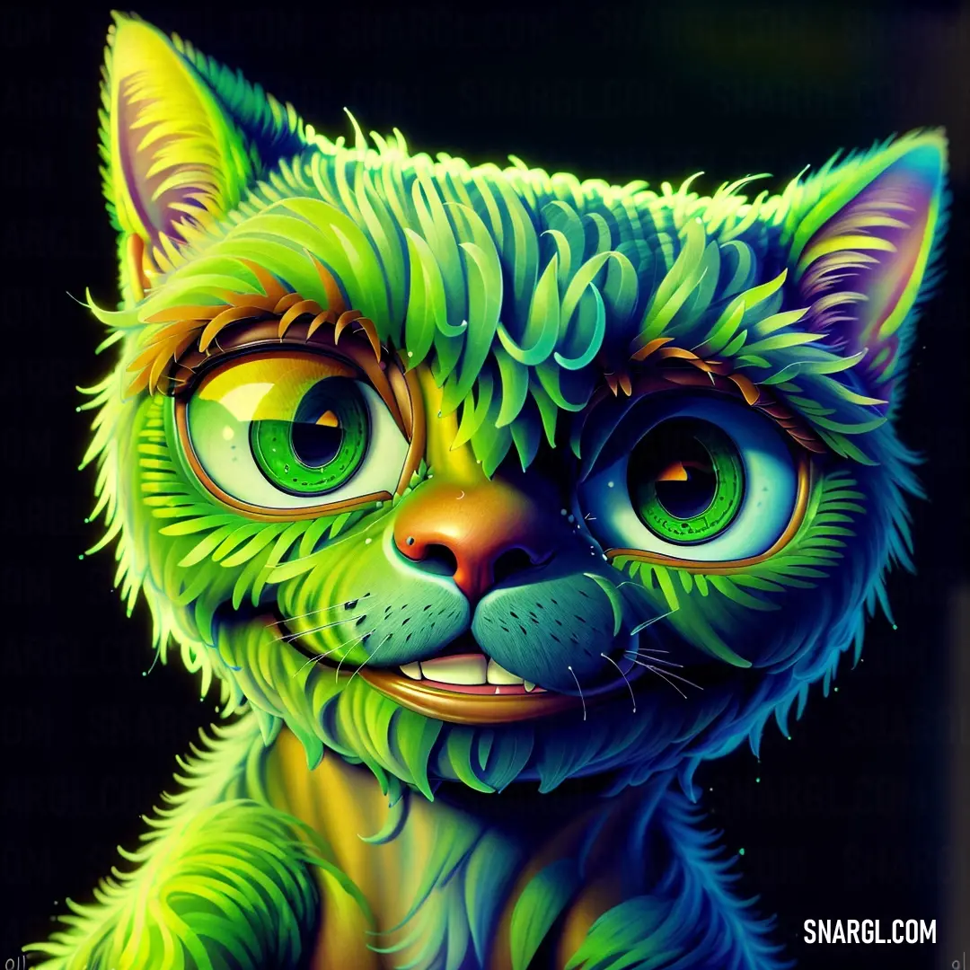 Painting of a cat with green eyes and a green tail and a black background