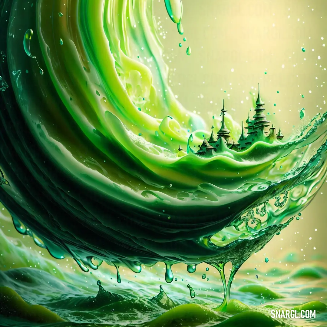 Painting of a wave with a castle in the background and water droplets on the bottom of it