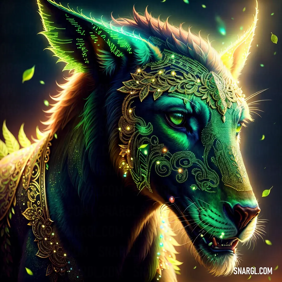 Painting of a wolf with a green and yellow headdress on it's face and a yellow