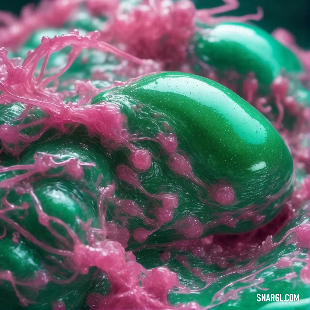 Close up of a green and pink substance with pink and green stuff on it's surface and a black background. Color CMYK 100,0,20,54.