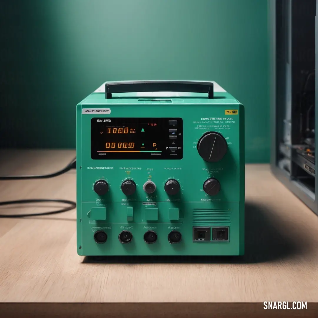 Tropical rain forest color example: Green radio on top of a wooden table next to a microwave oven