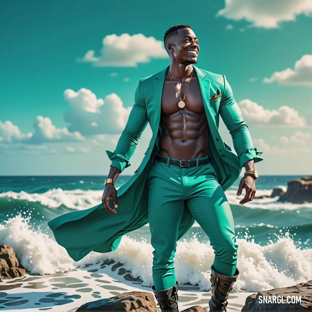 Tropical rain forest color example: Man in a green suit standing on a rock near the ocean with his shirt open and his pants rolled up