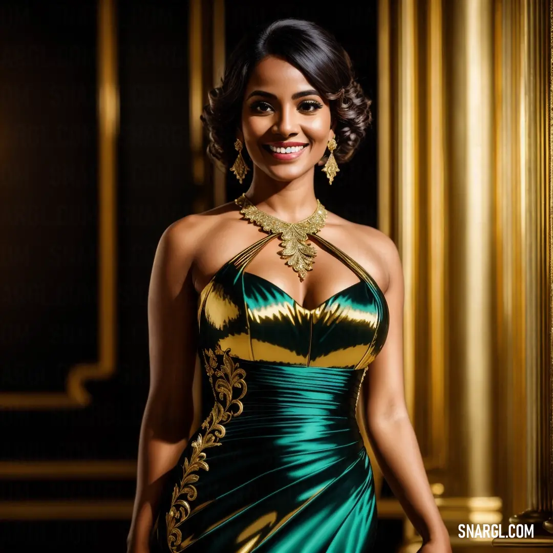 Woman in a green and gold dress posing for a picture in a gold and green dress