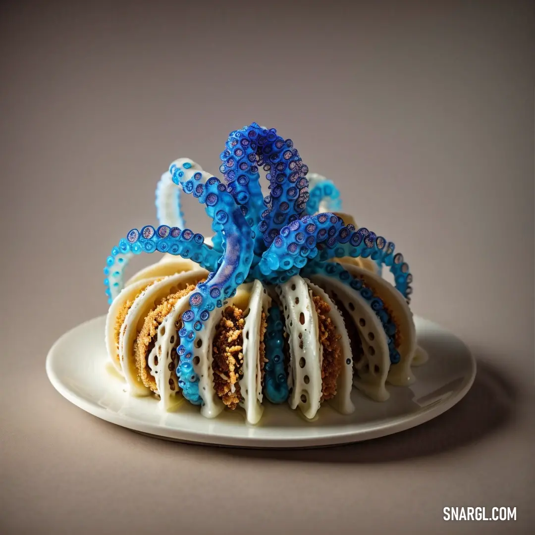 Cake with blue and white decorations on a plate on a table with a gray background. Example of #0073CF color.