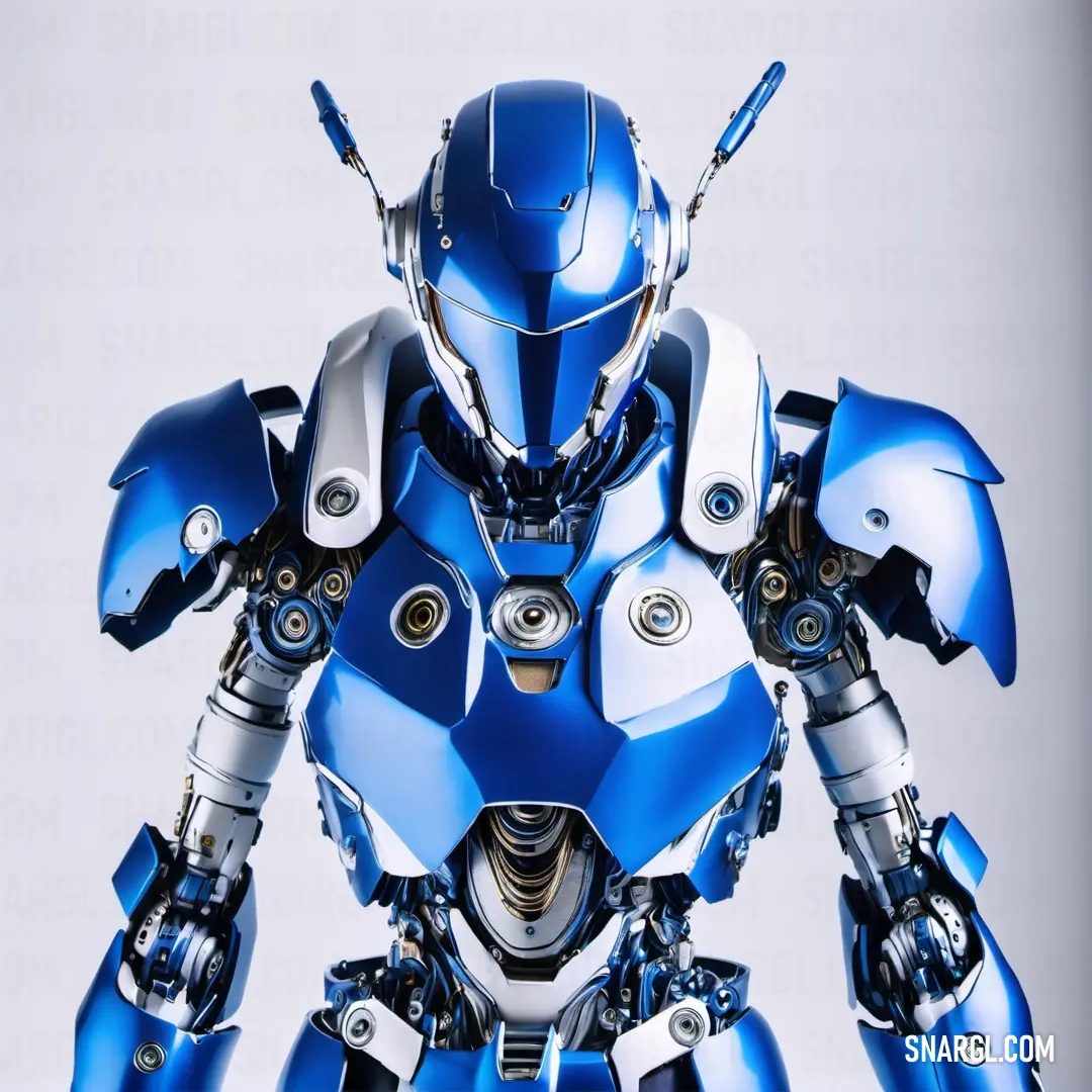Robot that is standing up with its arms spread out and eyes closed and hands on his hips. Color True Blue.