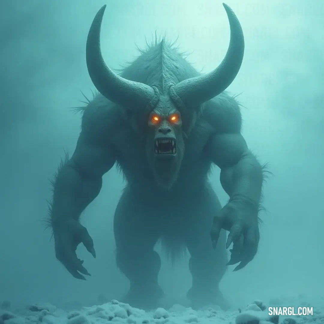 A formidable character displaying striking features, with piercing eyes and enormous horns that dominate the dark surroundings. An imposing figure with bright, glowing eyes and a massive horned head, looming in shadows and radiating an aura of power and mystery.