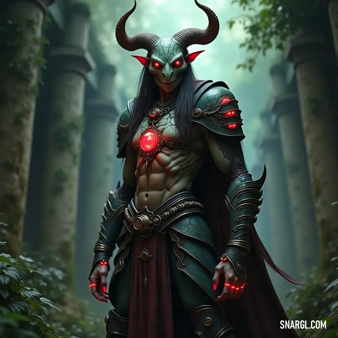 Tsabrak, with glowing red eyes and horns, stands in a dark forest, his presence both mysterious and intimidating. Tsabrak, his eyes glowing with an eerie red light, stands tall in a dense forest surrounded by towering trees and thick bushes. His horns add to his intimidating appearance as he gazes through the mist, ready to face whatever challenges the dark forest ma