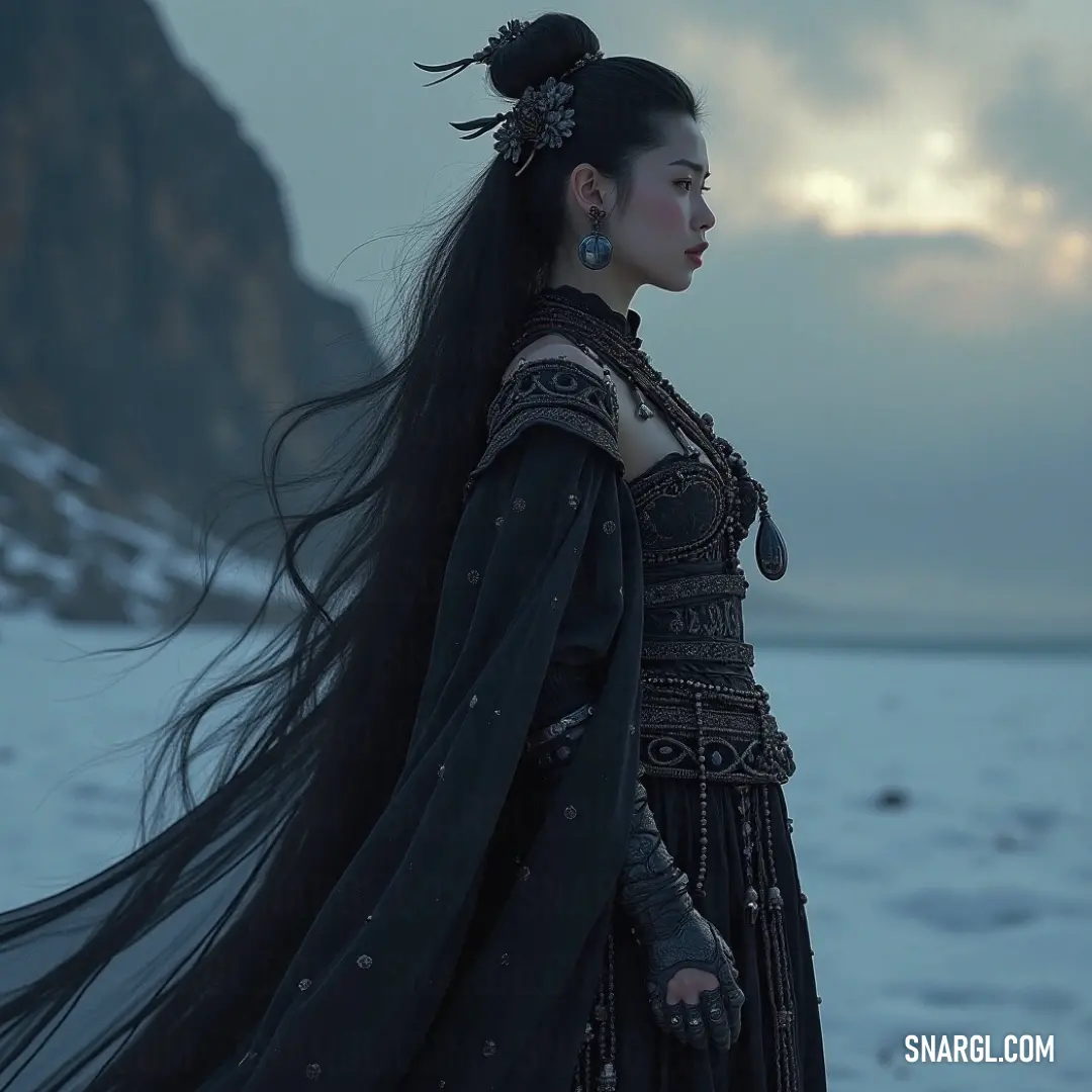 Tsukiyomi dressed in black, standing in the snow with her flowing hair, embodying the quiet beauty of winter. Tsukiyomi stands solemnly in the snow, her long hair blowing in the wintry breeze, dressed in a striking black dress. The cold, frozen landscape contrasts with her graceful presence as snowflakes gently fall around her.