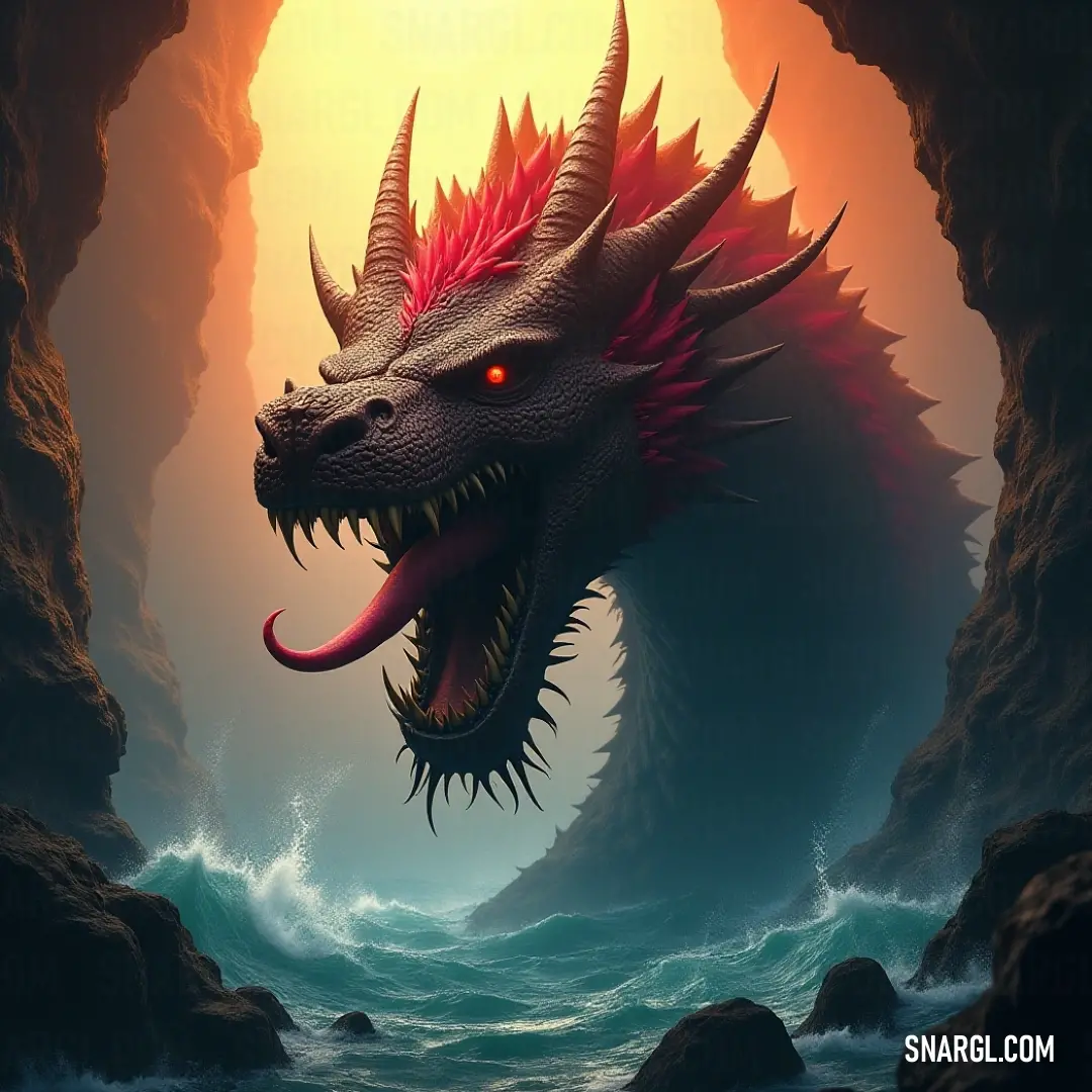A fierce Tsunami Drake with striking red eyes is nestled in a rocky cave, surrounded by waves crashing against the shore. Its robust form and intense gaze hint at the strength and mystery that lies within the depths of the ocean, linking it to ancient leg