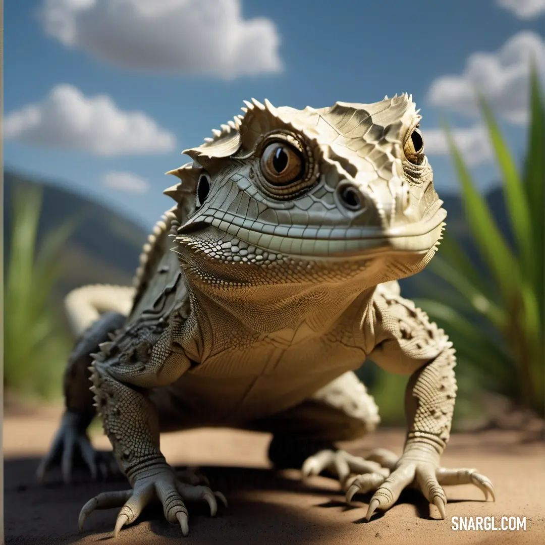 A close-up shot of a lizard on the dirt, with a clear blue sky providing the perfect backdrop to its detailed features. A close-up of a lizard perched on the earth, with its scales glistening under the sunlight and a vast sky above, capturing the raw beauty of nature from the ground up.